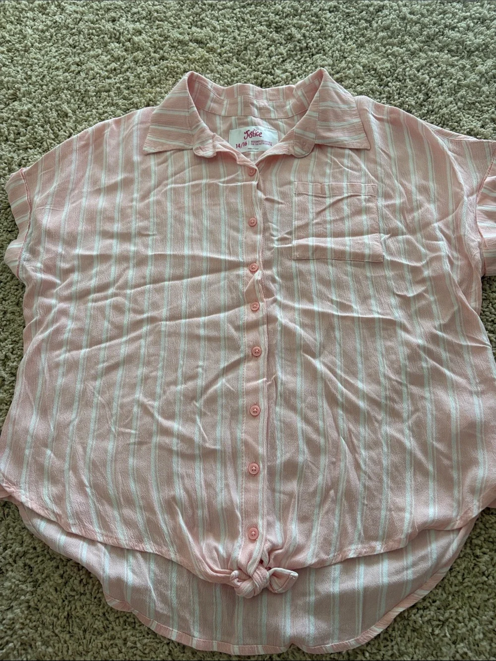 Justice Pink and White Striped Tie-Front Button Shirt